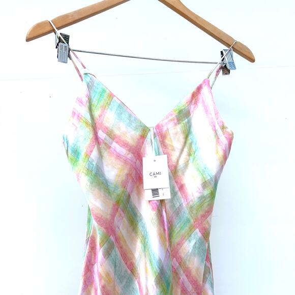 New Cami NYC Raven Midi Slip Dress Silk Charmeuse Rainbow Plaid XS Small - Picture 6 of 10